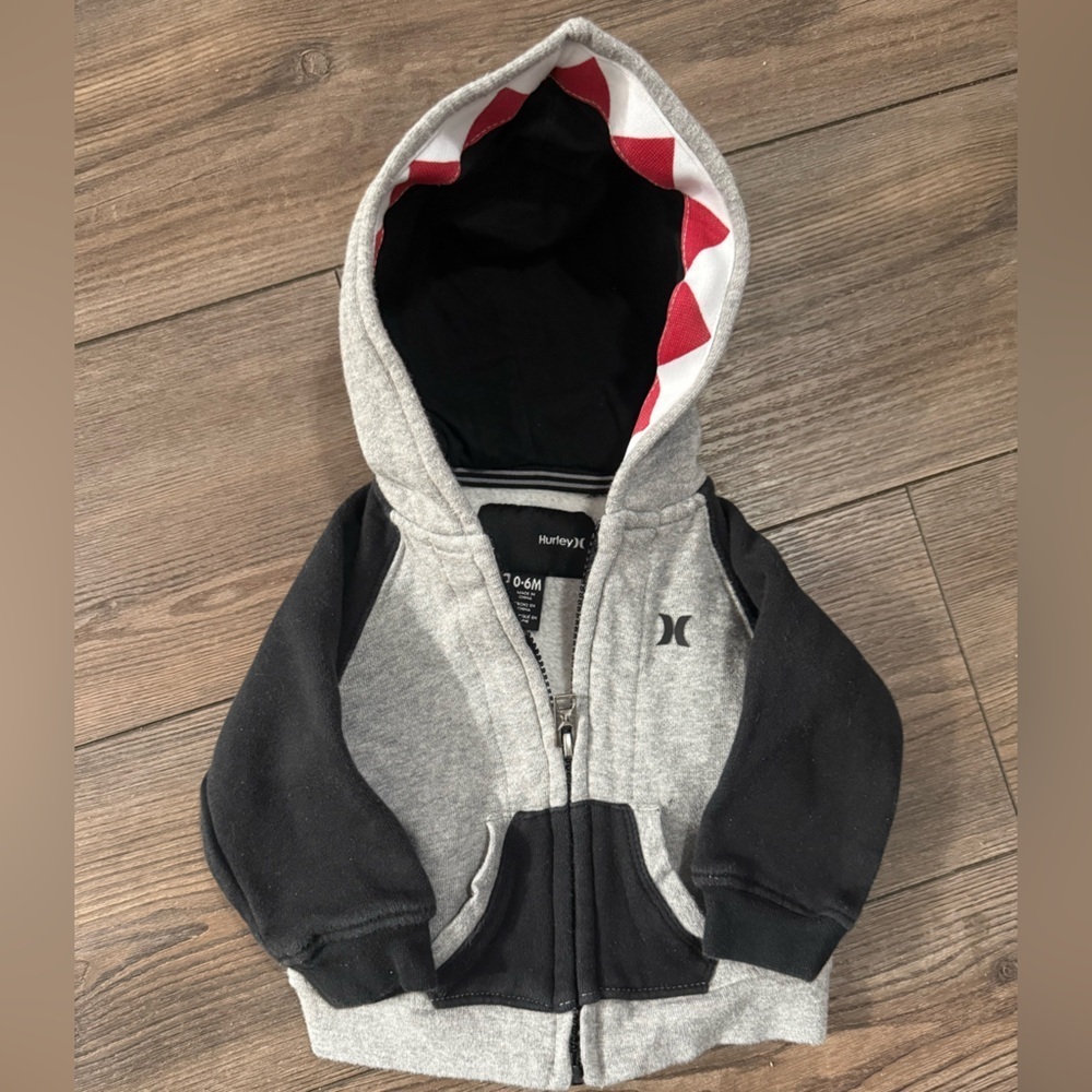 Hurley Baby Zip-Up Hoodie Gray & Black — Size 0–6M